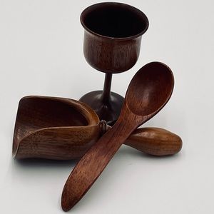 Handcrafted Wood Carvings Lot Spoon Scoop Stemmed Cup  Colonial Europe 3 Pieces